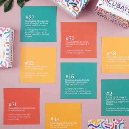 Set carduri cu 90 de provocări pentru creativitate și idei noi set carduri cu 90 provocări creative din jocul INCUBATOR – Lady Cozac